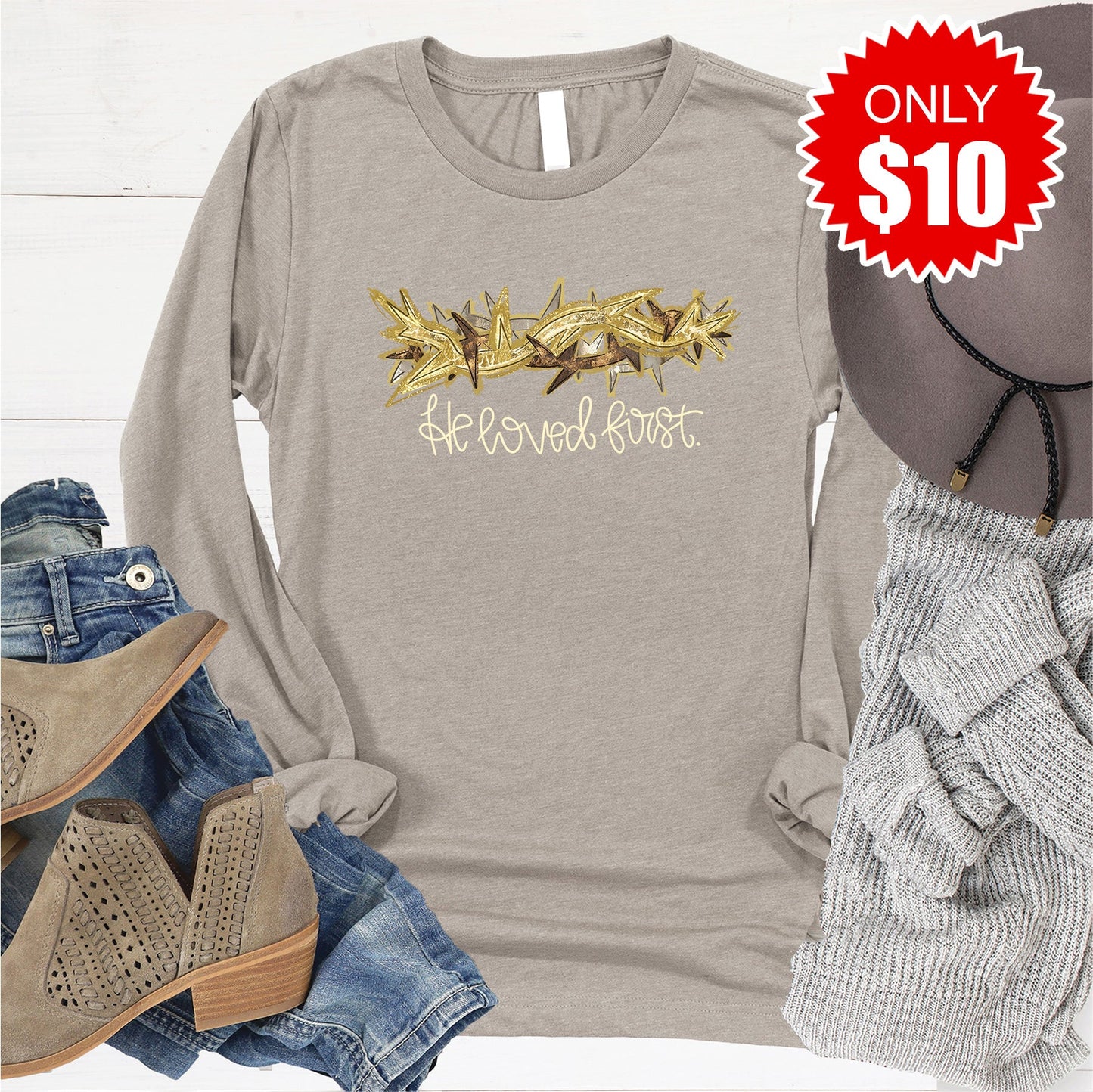 He Loved First Long Sleeve - Heather Stone - 10