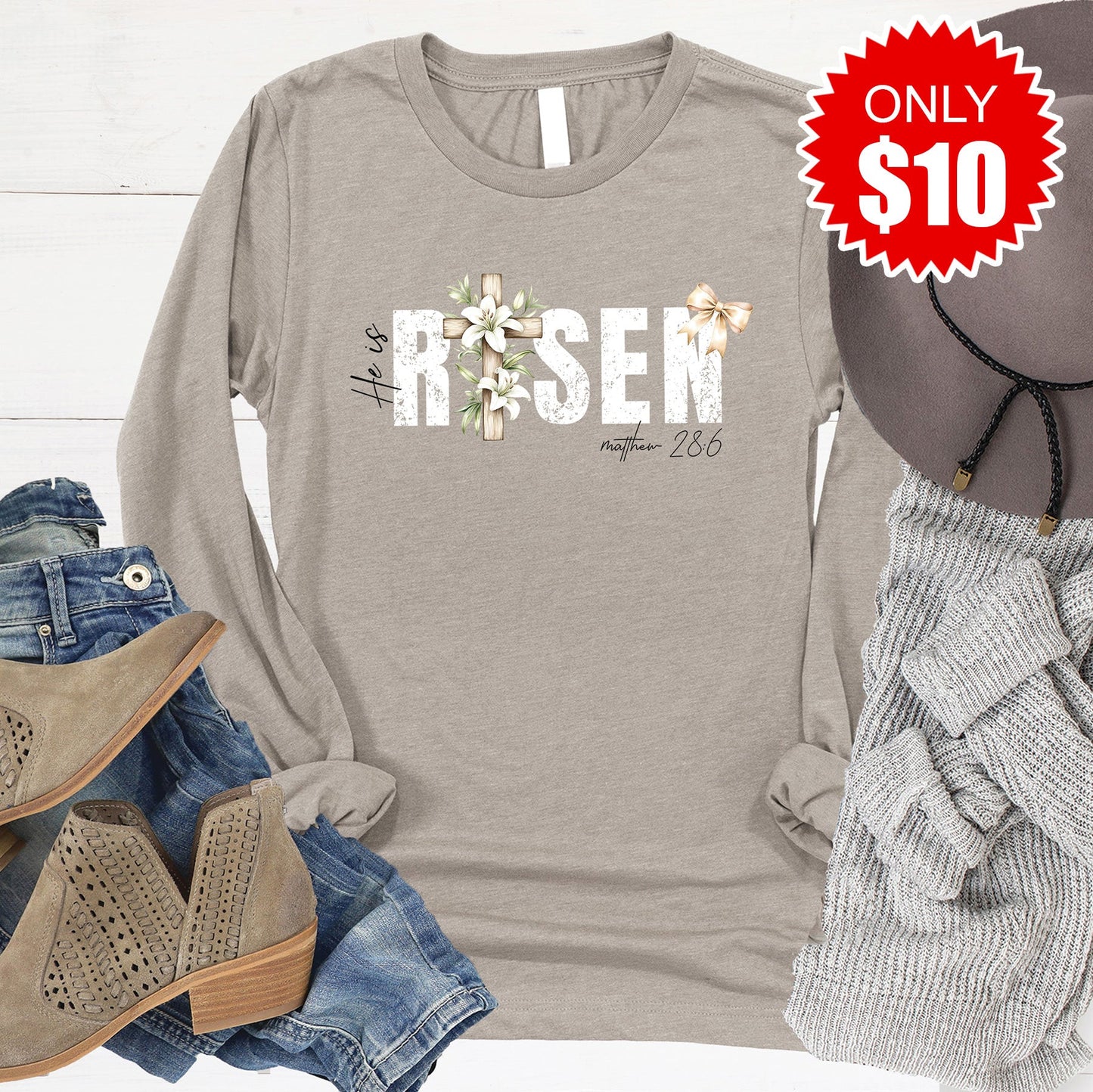 He Is Risen Long Sleeve - Heather Stone - 10