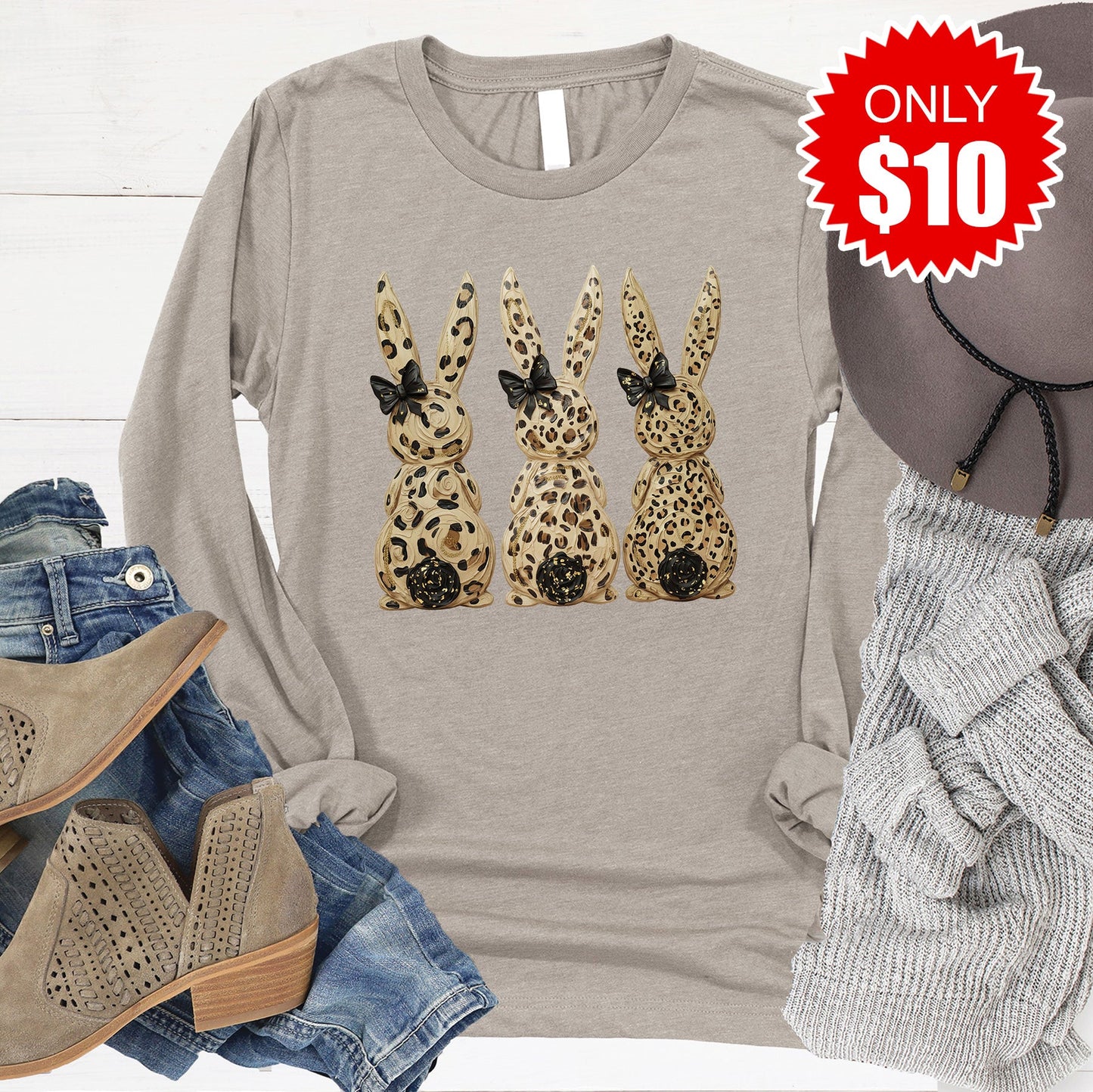 Easter Bunny Long Sleeve - Heather Stone - 10