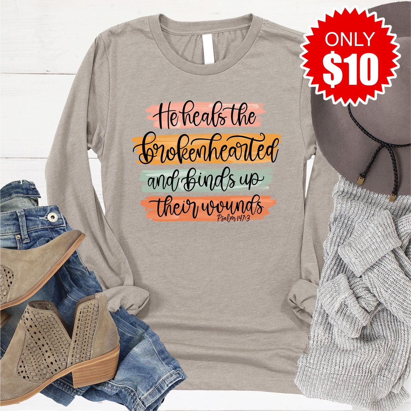 He Heals The Brokenhearted Long Sleeve - Heather Stone - 10