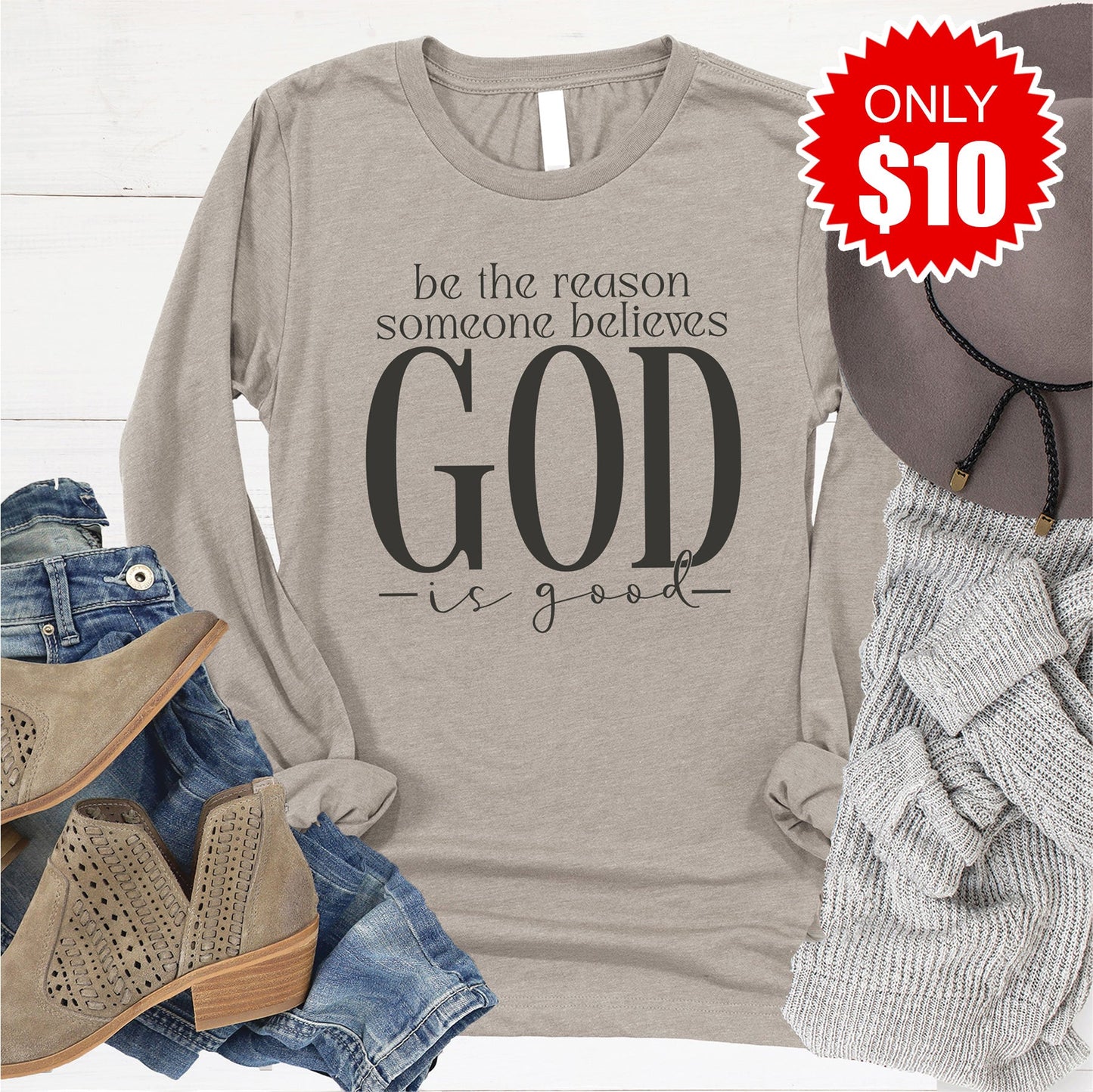 God Is Good Long Sleeve - Heather Stone - 10