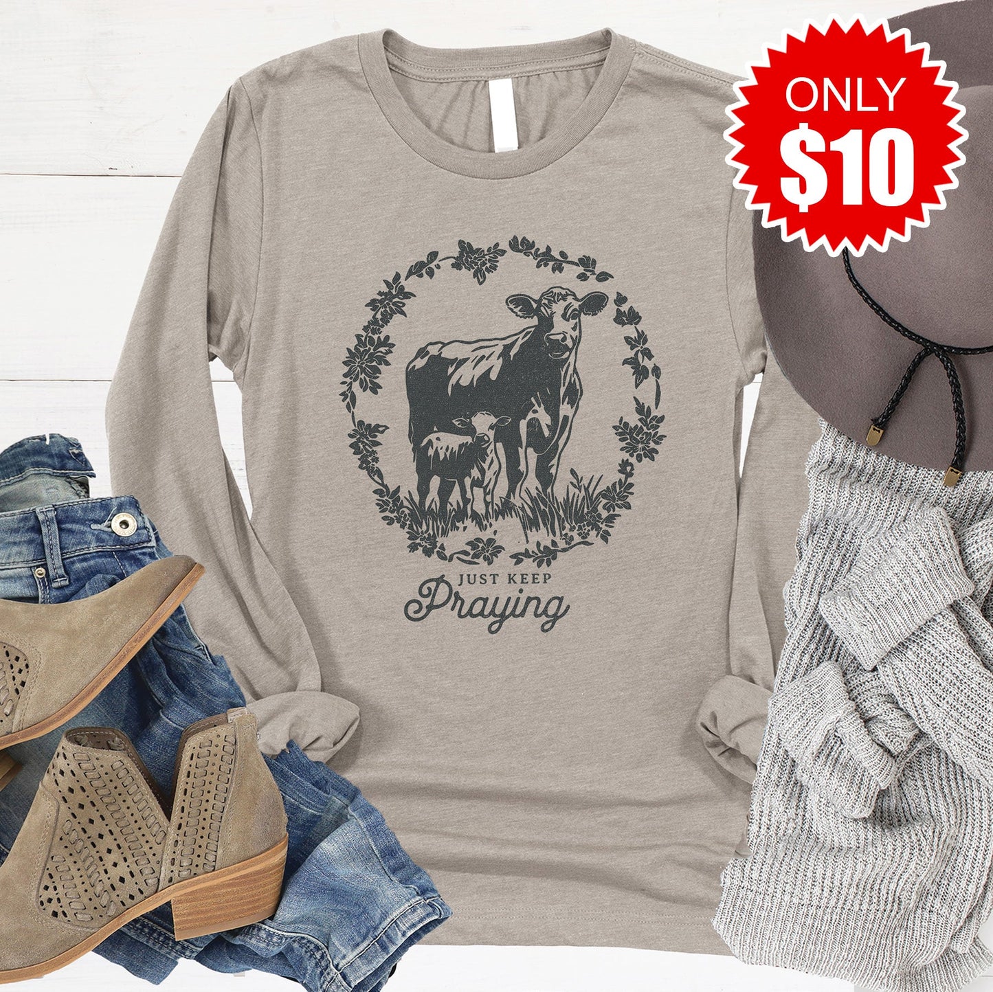 Just Keep Praying Long Sleeve - Heather Stone - 10