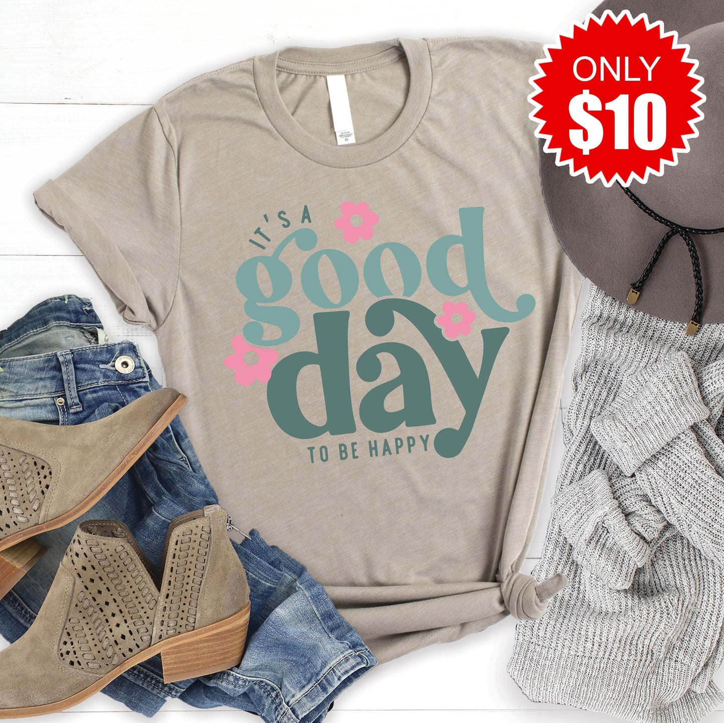 Good Day To Be Happy Tee - Heather Stone - 10