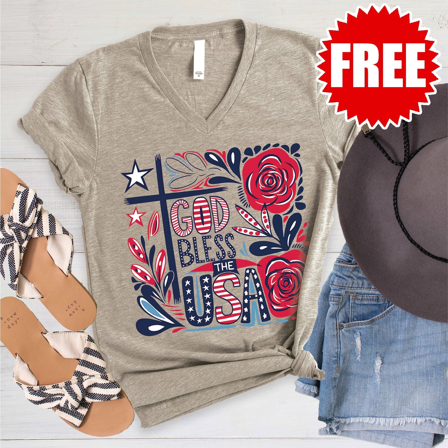 God Bless The USA V-Neck - Heather Stone - 0