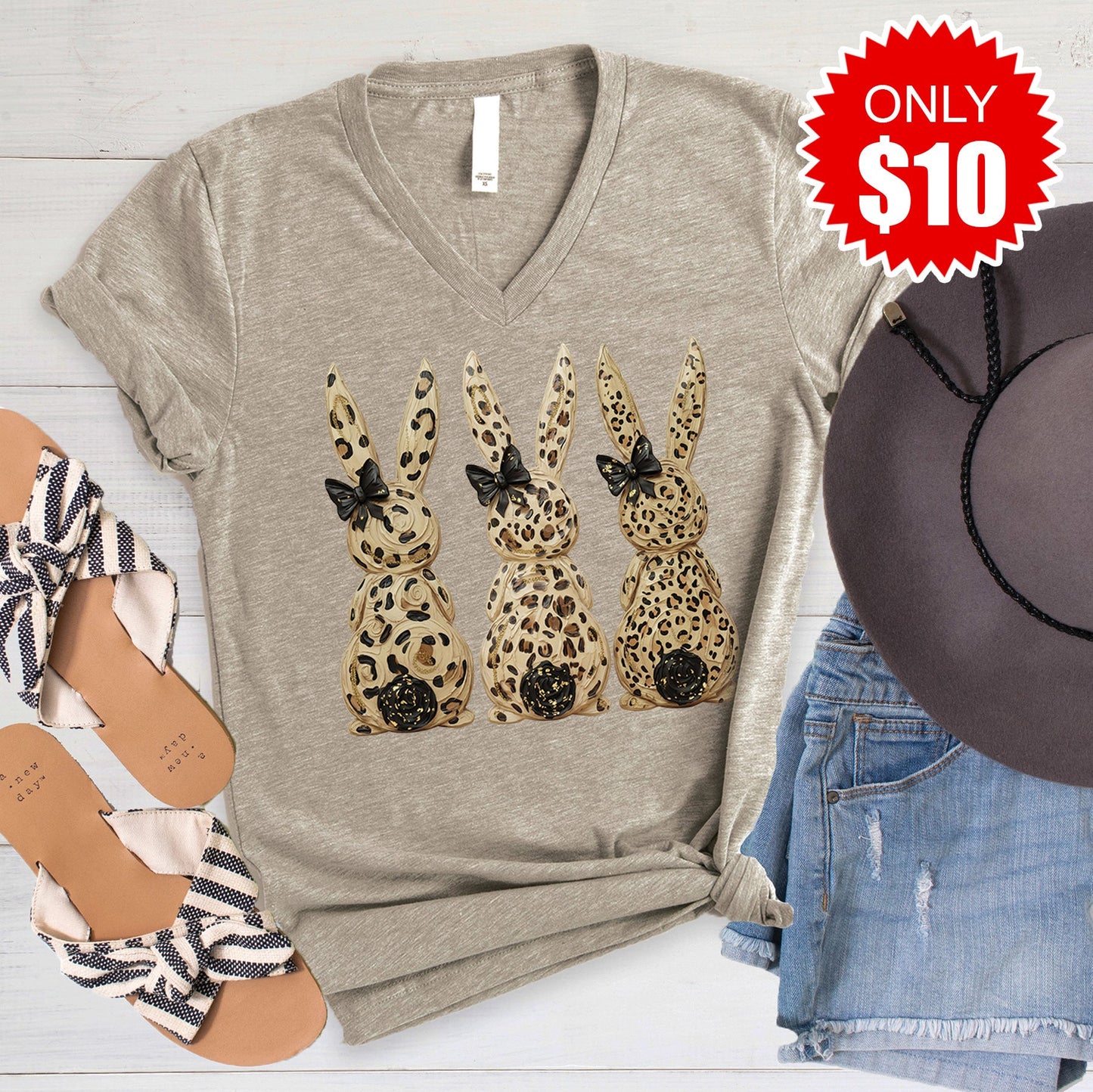Easter Bunny V-Neck - Heather Stone - 10