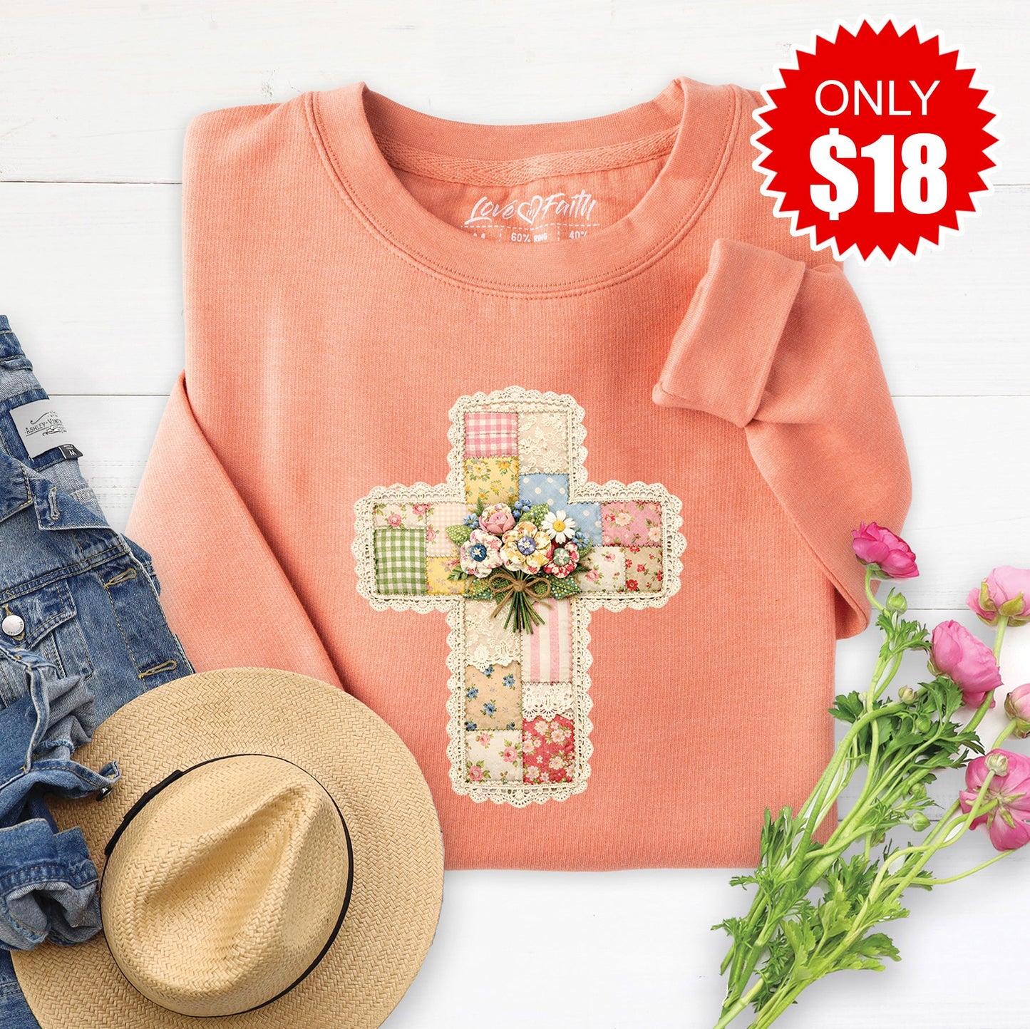 Cross Patchwork Sweatshirt - Heather Terracotta - 18