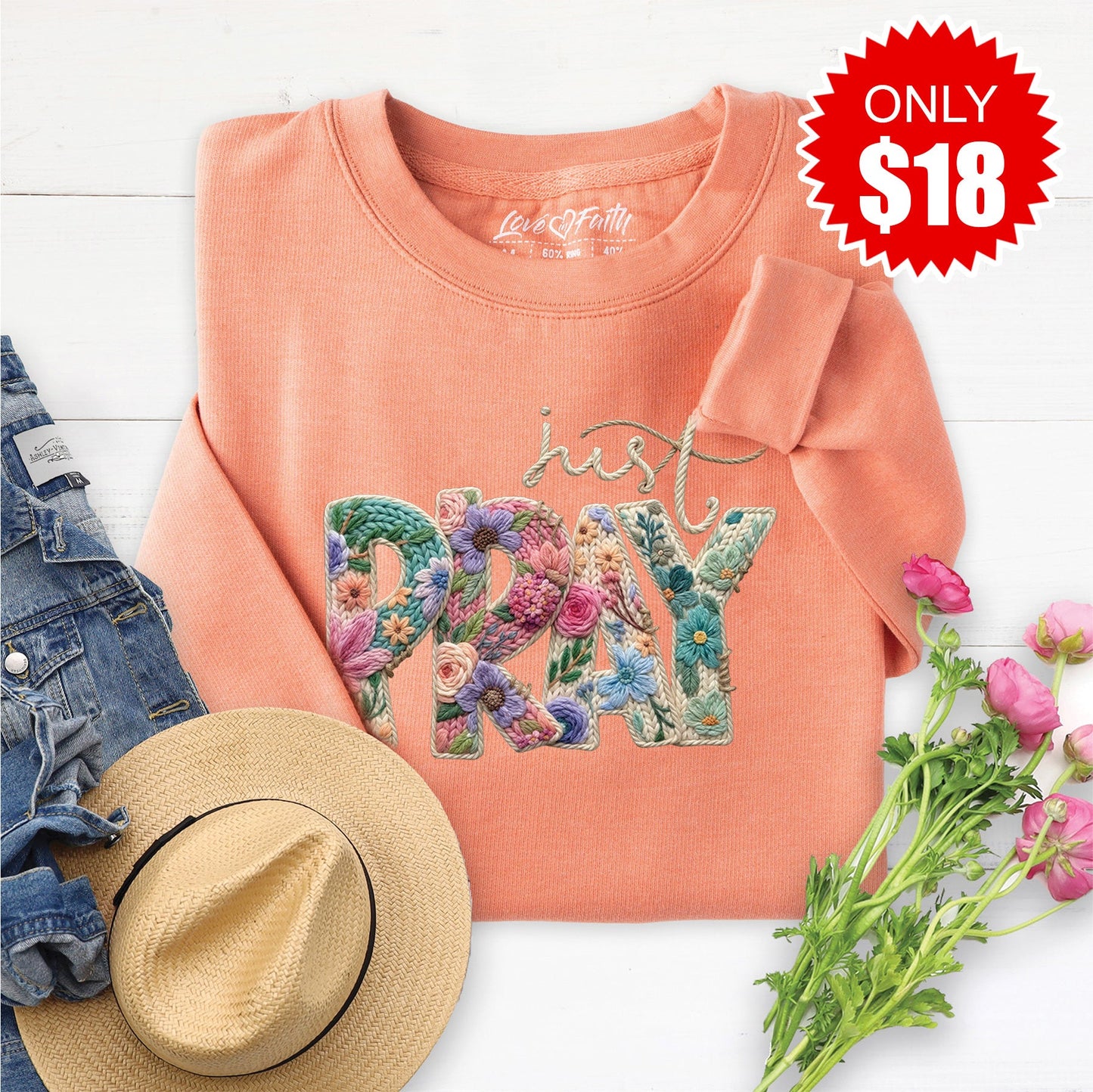 Just Pray Crochet Sweatshirt - Heather Terracotta - 18