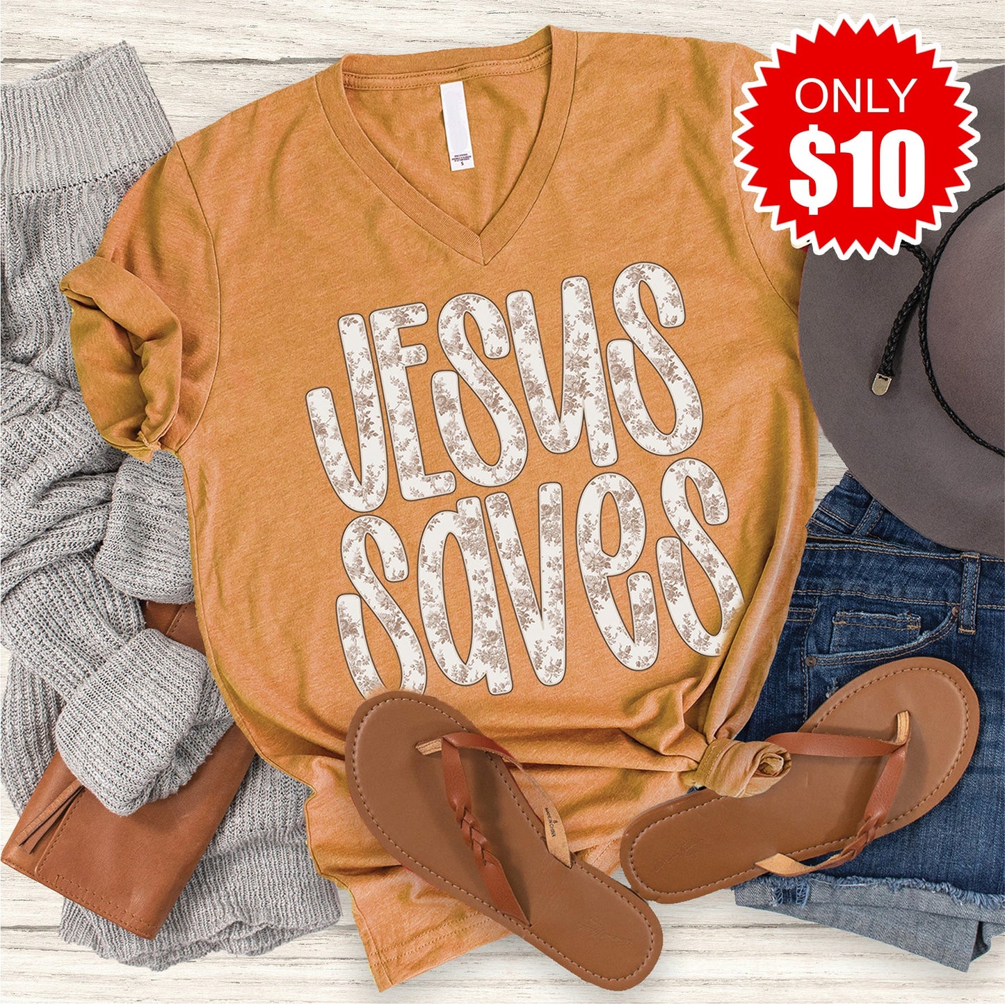 Jesus Saves V-Neck - Heather Toast - 10