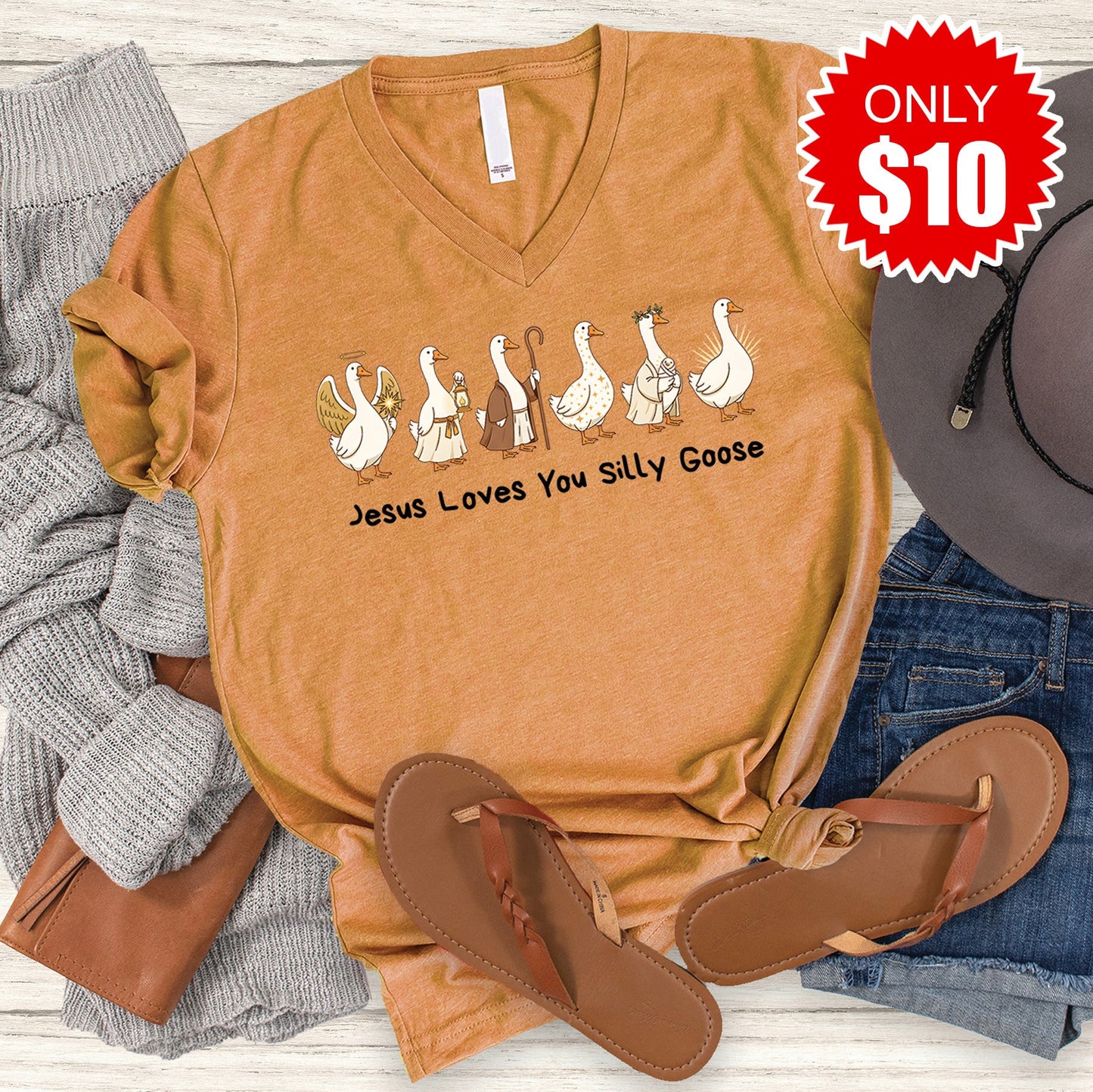 Jesus Loves You Silly Goose V-Neck - Heather Toast - 10