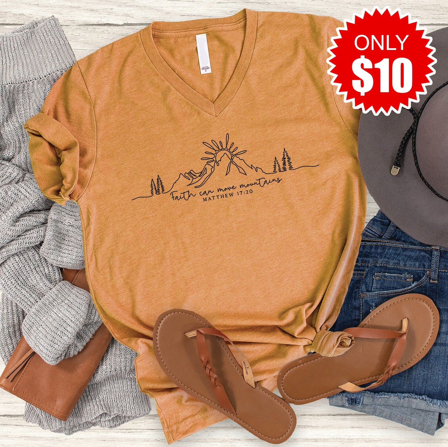 Faith Can Move Mountains V-Neck - Heather Toast - 10