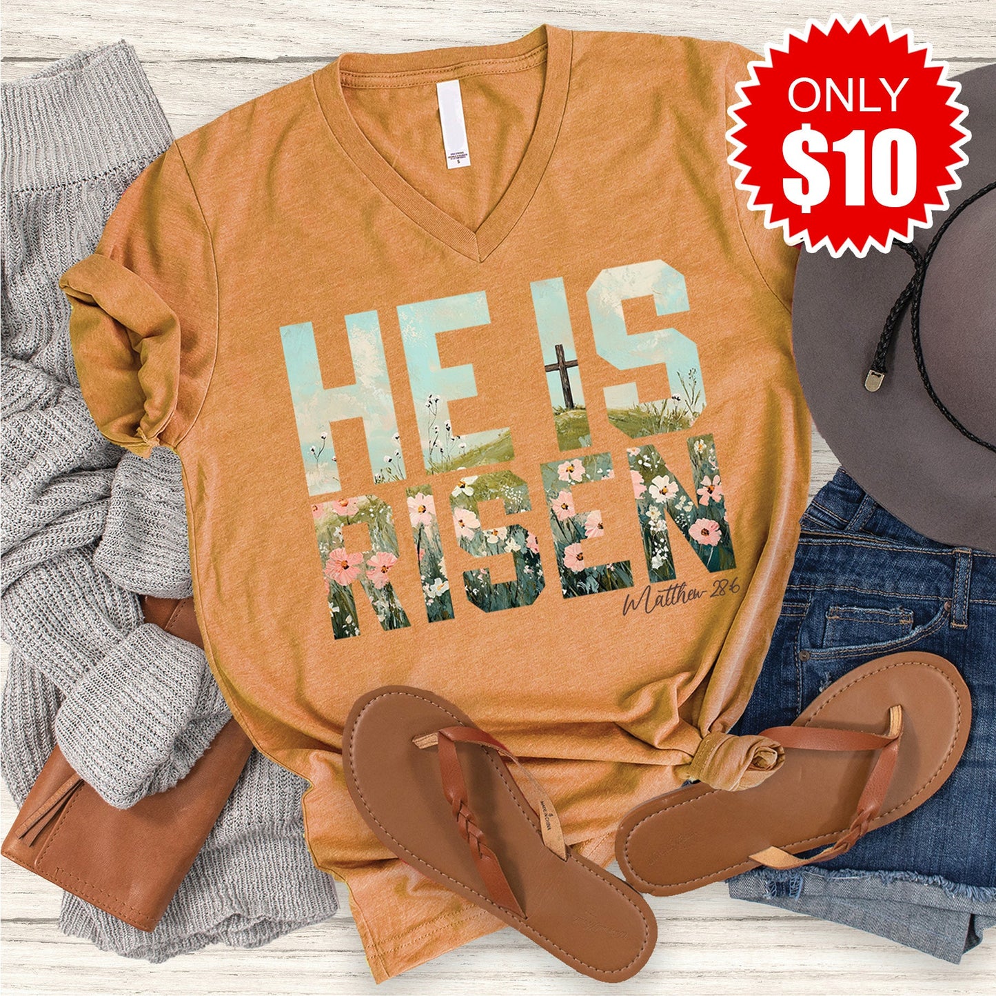 He Is Risen V-Neck - Heather Toast - 10