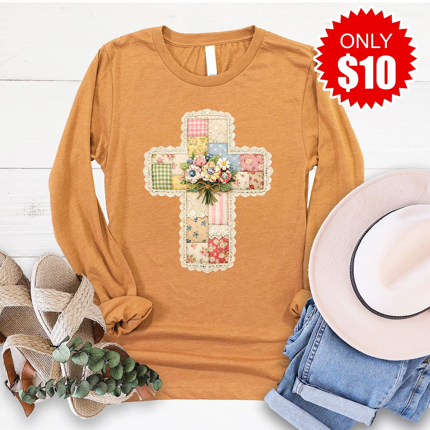 Cross Patchwork Long Sleeve - Heather Toast - 10