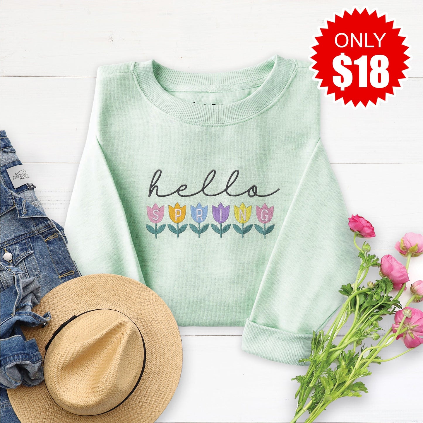 Embroidered Hello Spring Sweatshirt - 18