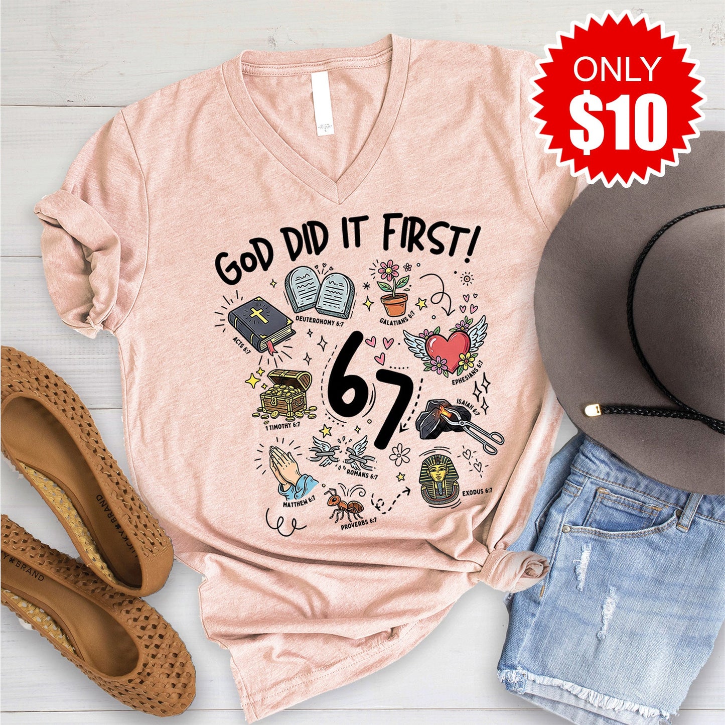 God Did It First V-Neck - Heather Peach - 10