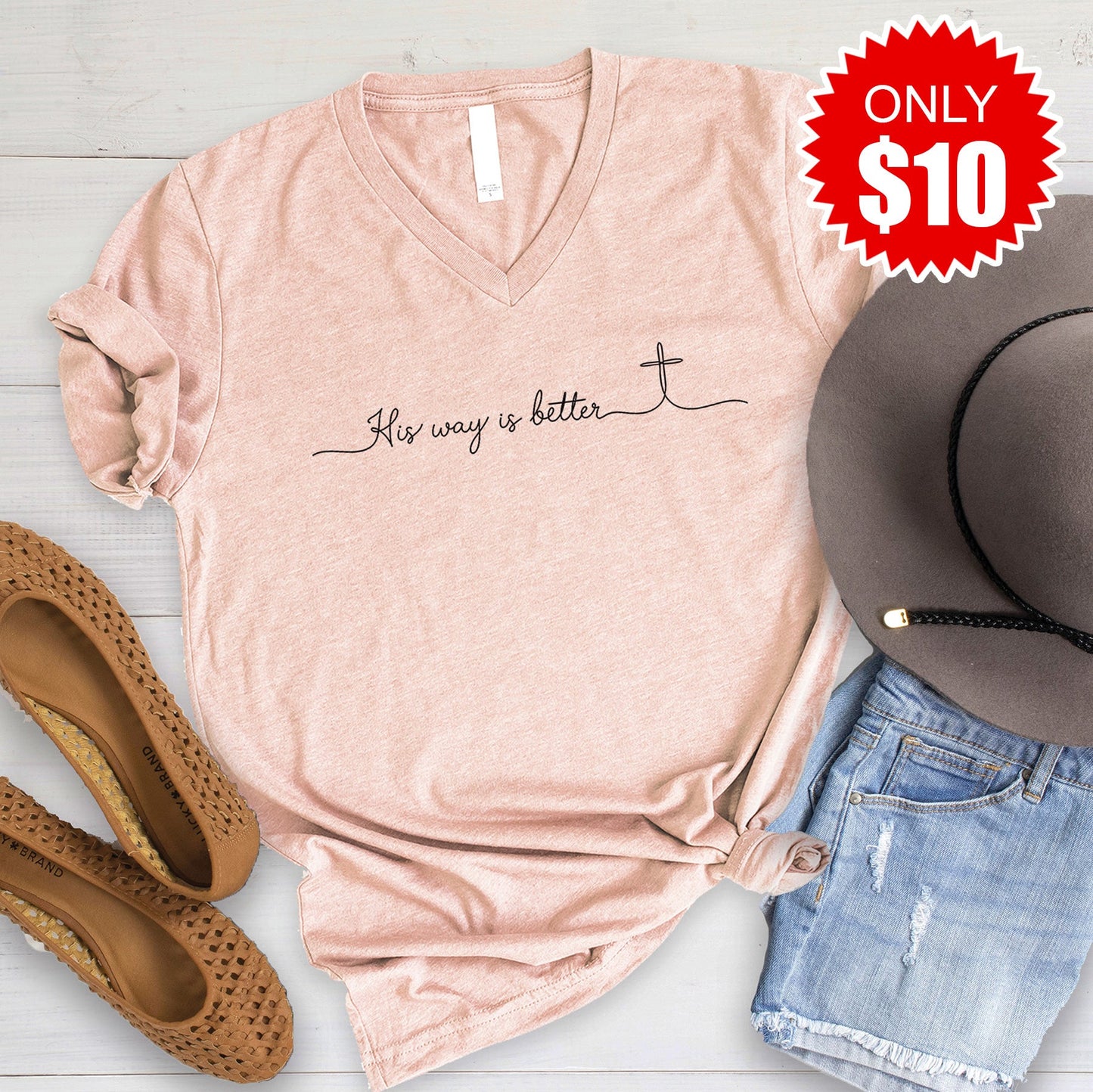 His Way Is Better V-Neck - Heather Peach - 10