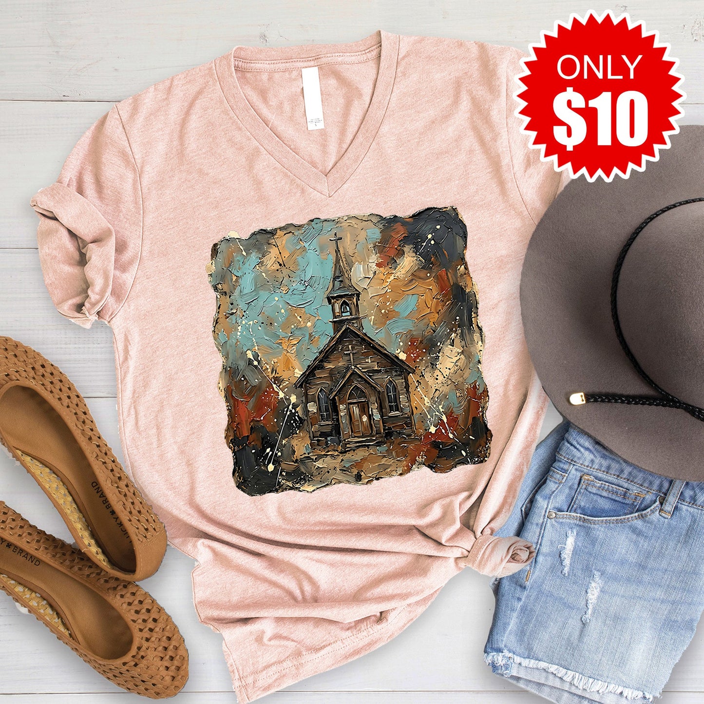 Church V-Neck - Heather Peach - 10