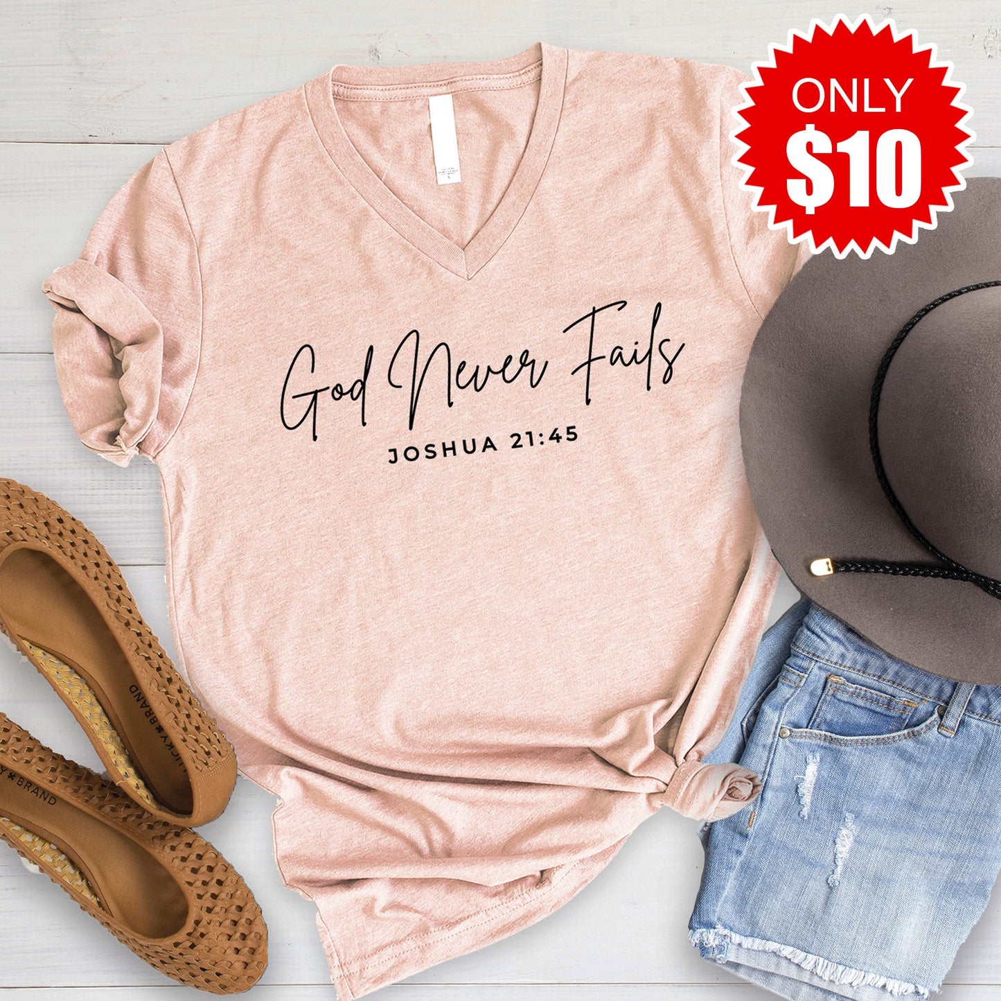 God Never Fails V-Neck - Heather Peach - 10