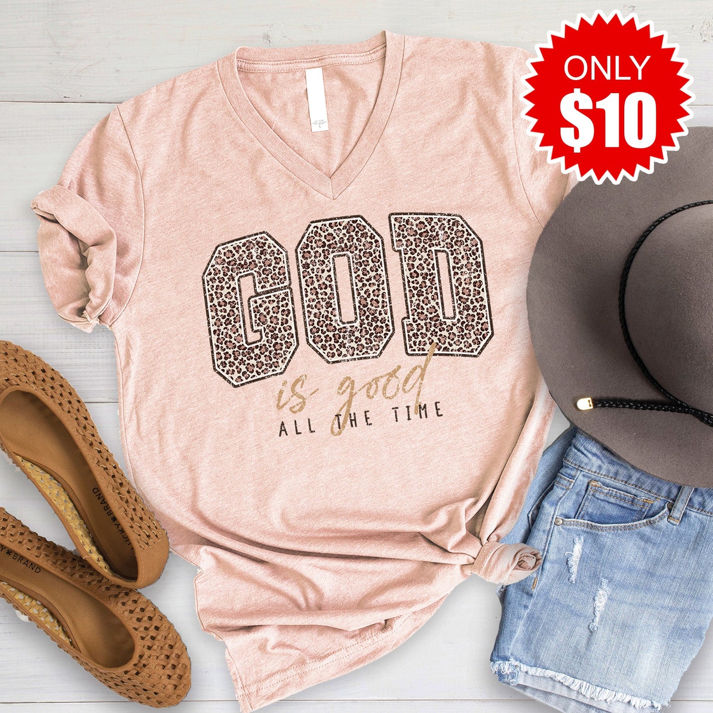 God Is Good V-Neck - Heather Peach - 10