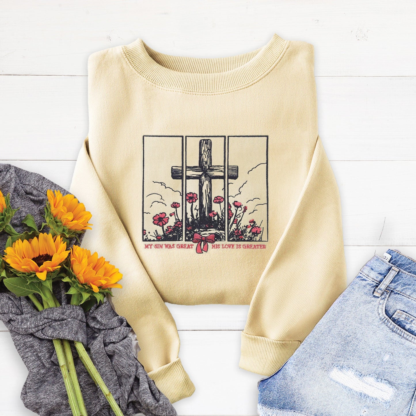 Embroidered His Love Was Greater Sweatshirt