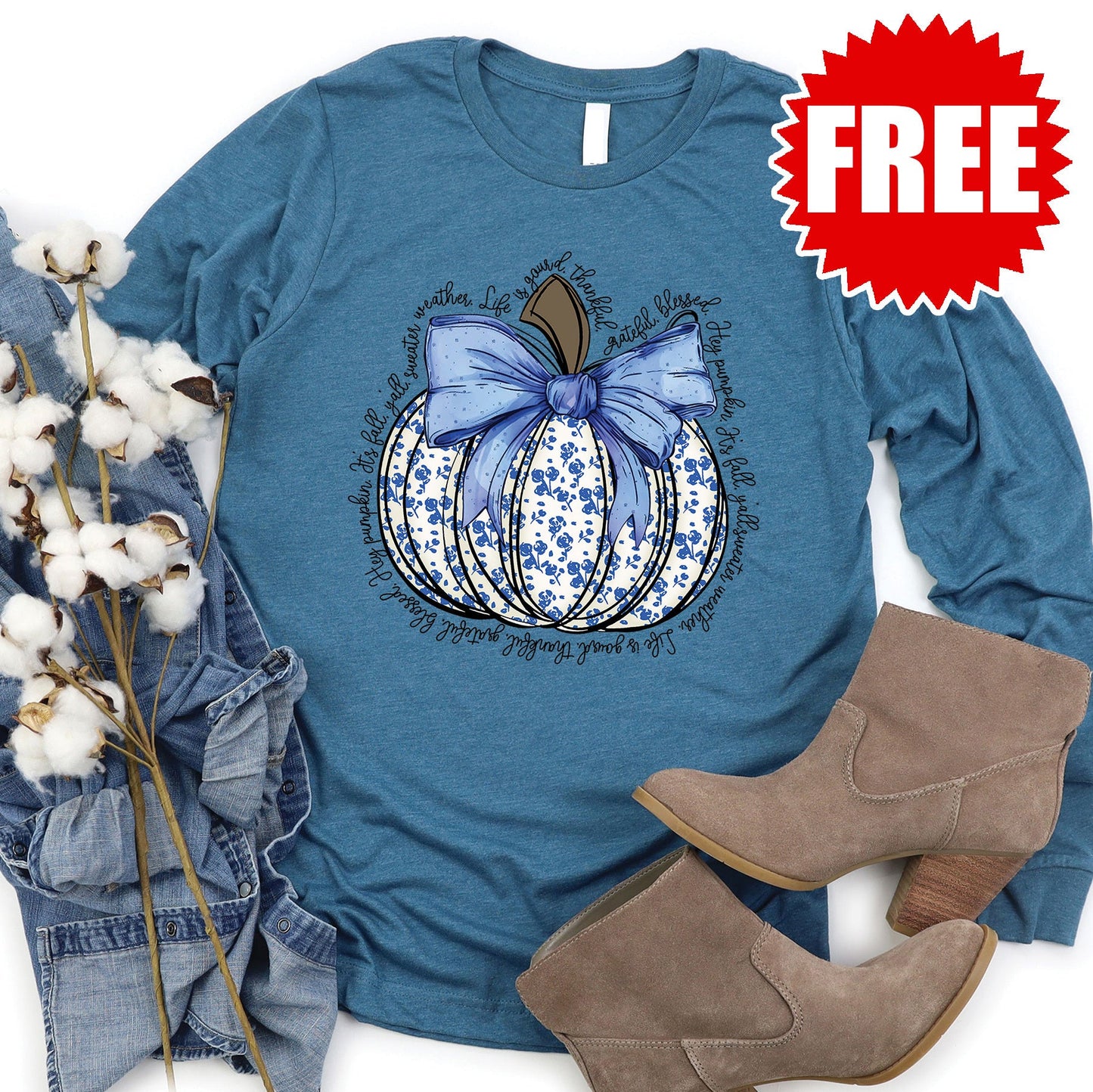 Blue Floral Pumpkin Long Sleeve - 0