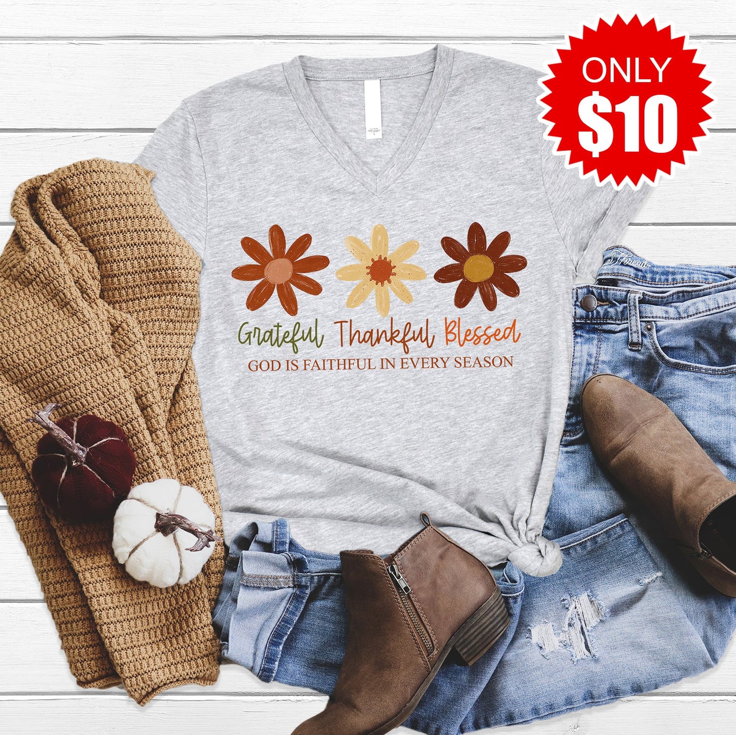 Grateful Thankful Blessed Flowers V-Neck - 10