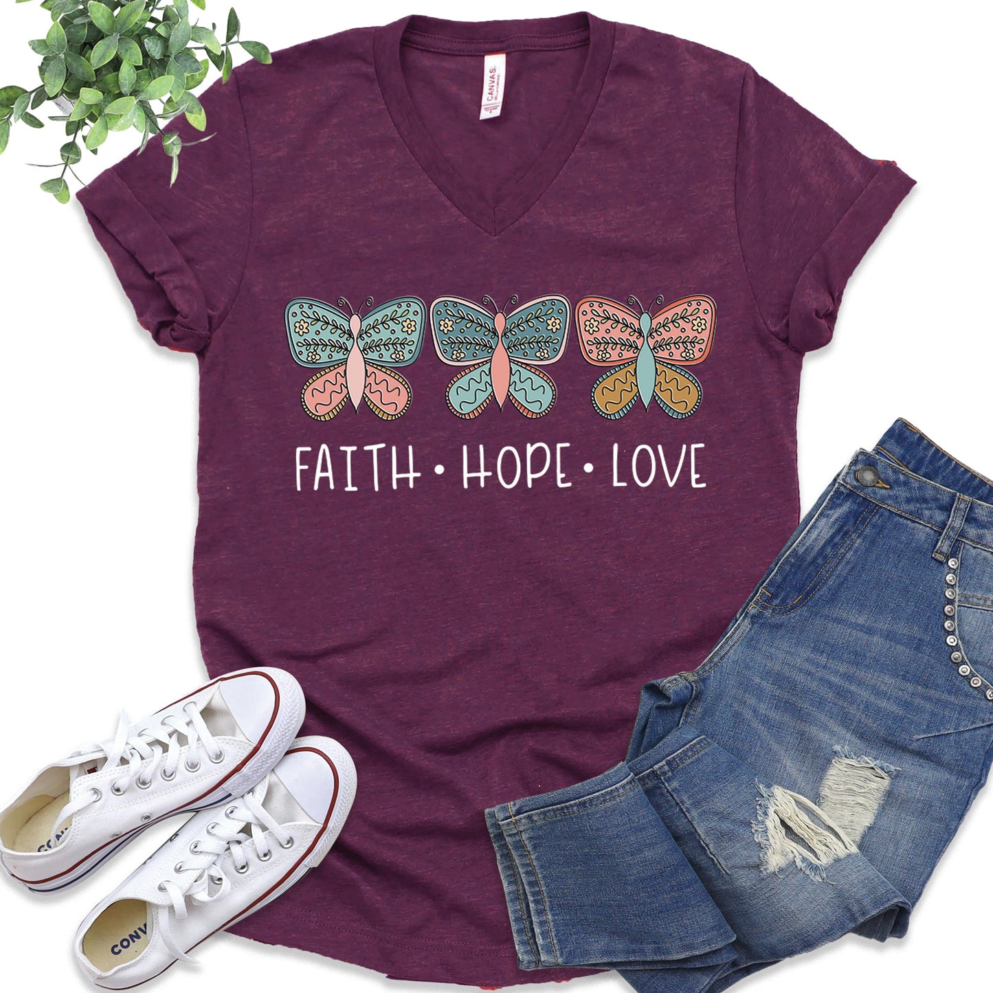 Faith Hope Love Butterflies V-Neck