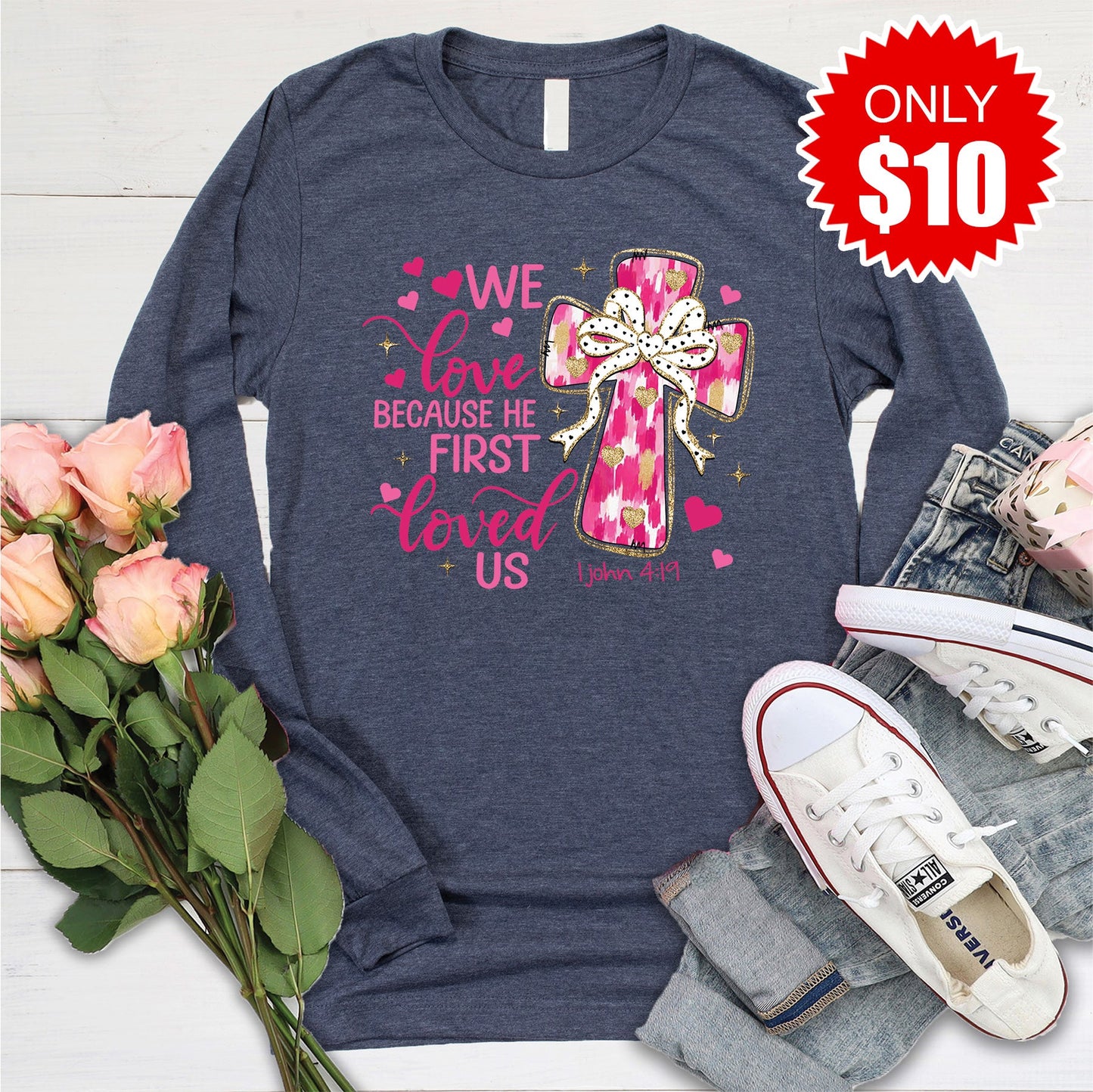 He First Loved Us Long Sleeve - Heather Navy - 10
