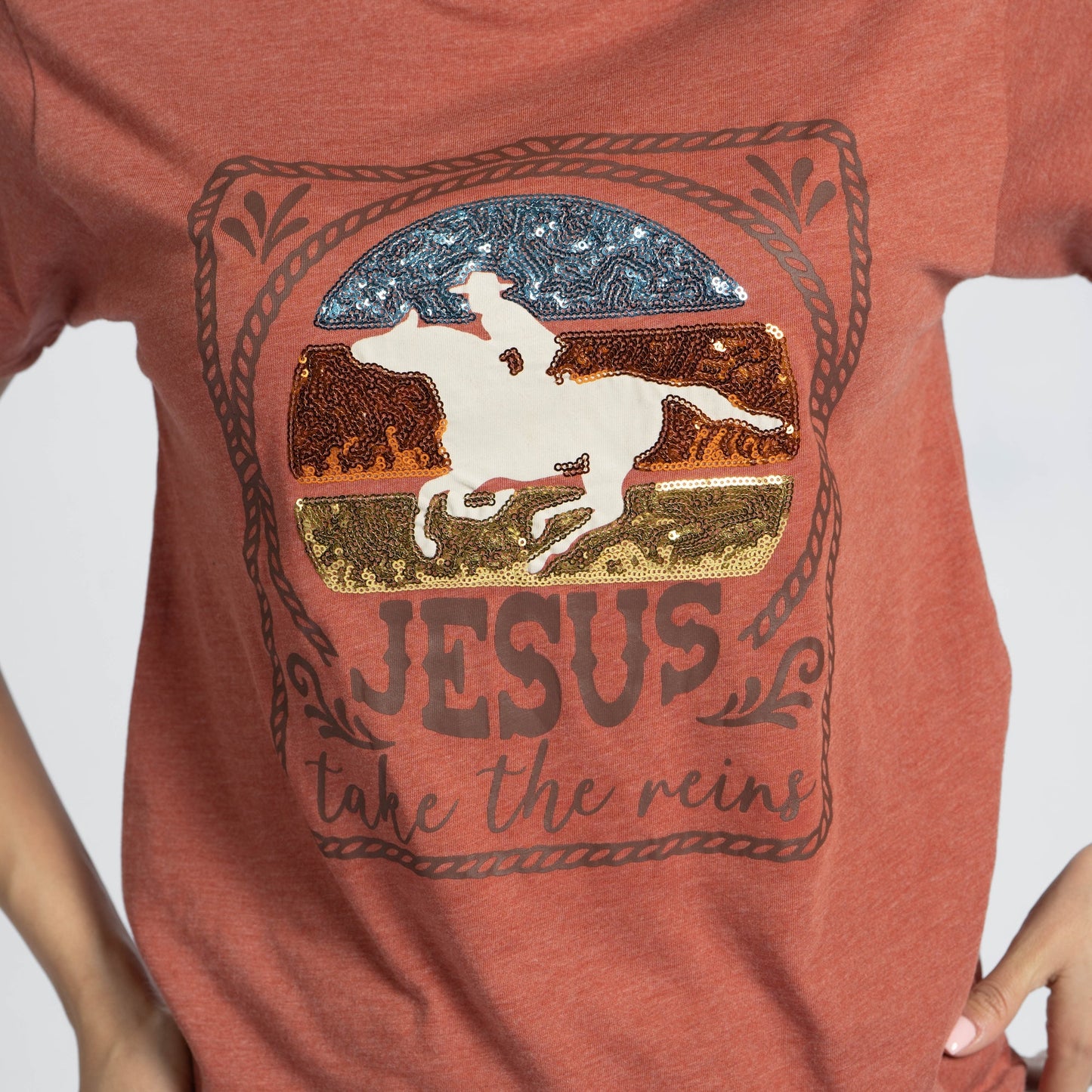 Jesus Take the Reins Sequin Tee