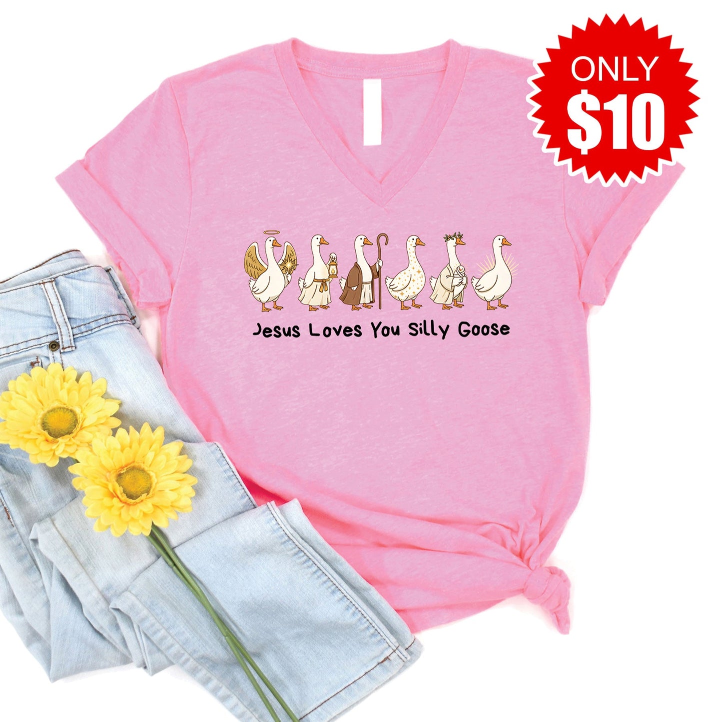 Jesus Loves You Silly Goose V-Neck - Heather Bubble Gum - 10