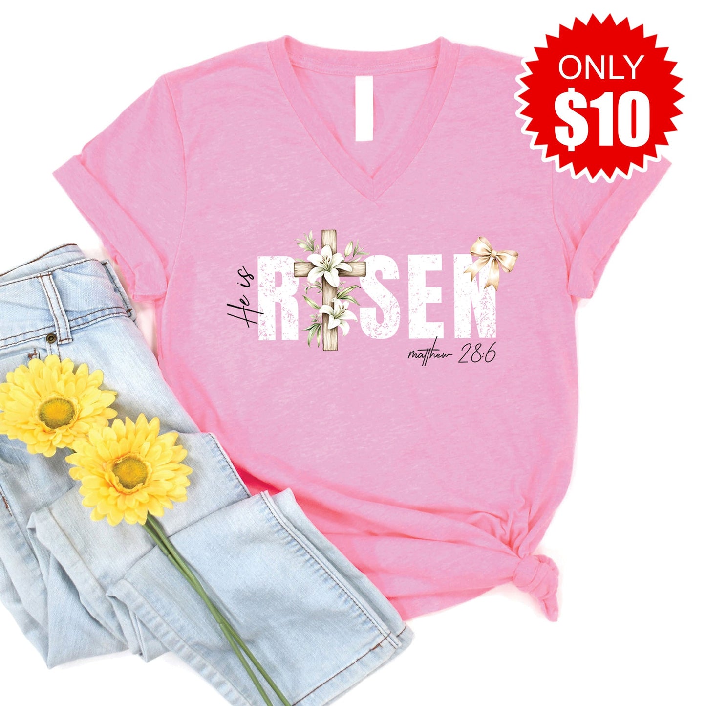 He Is Risen V-Neck - Heather Bubble Gum - 10