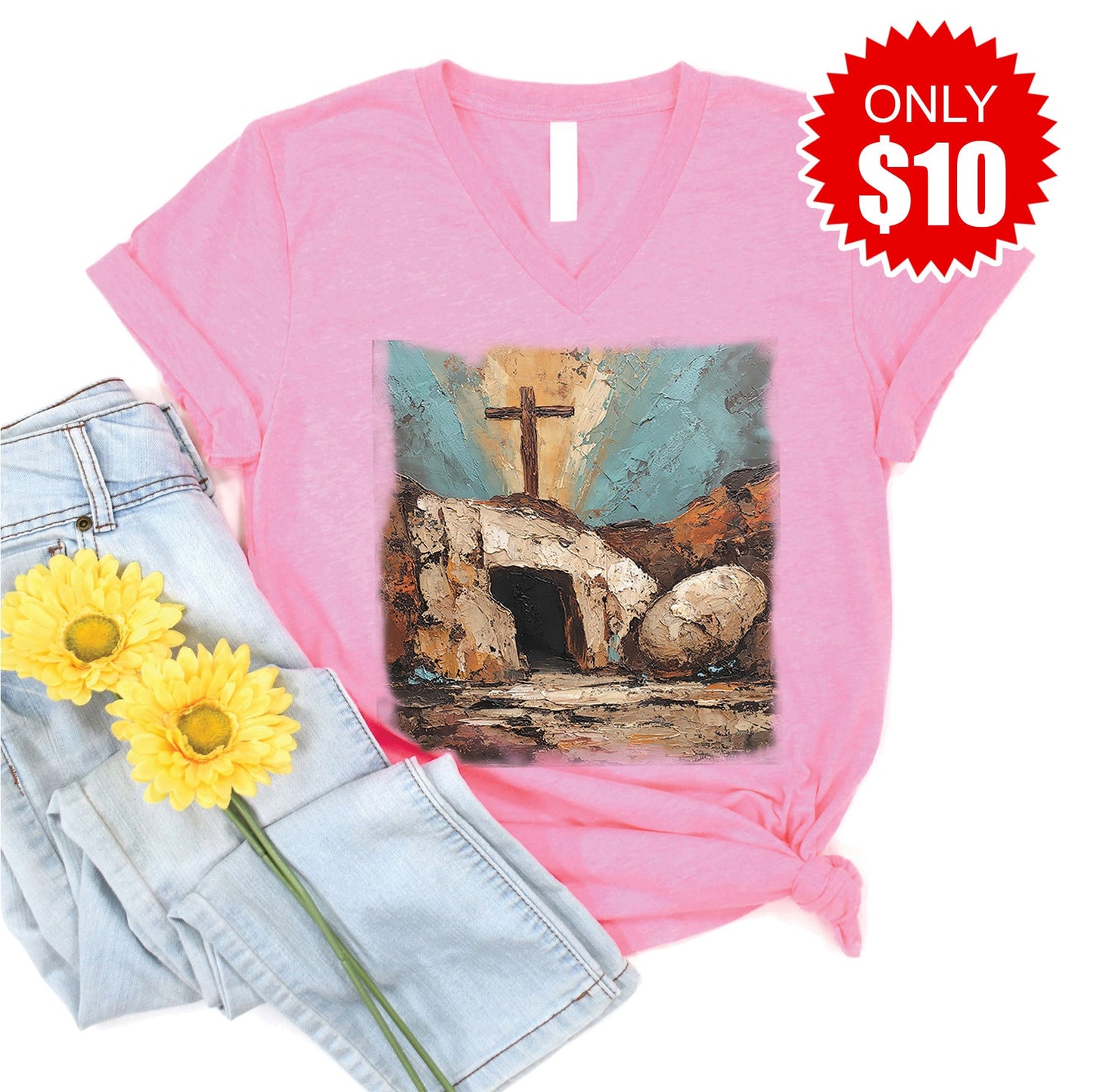 He Is Risen V-Neck - Heather Bubble Gum - 10