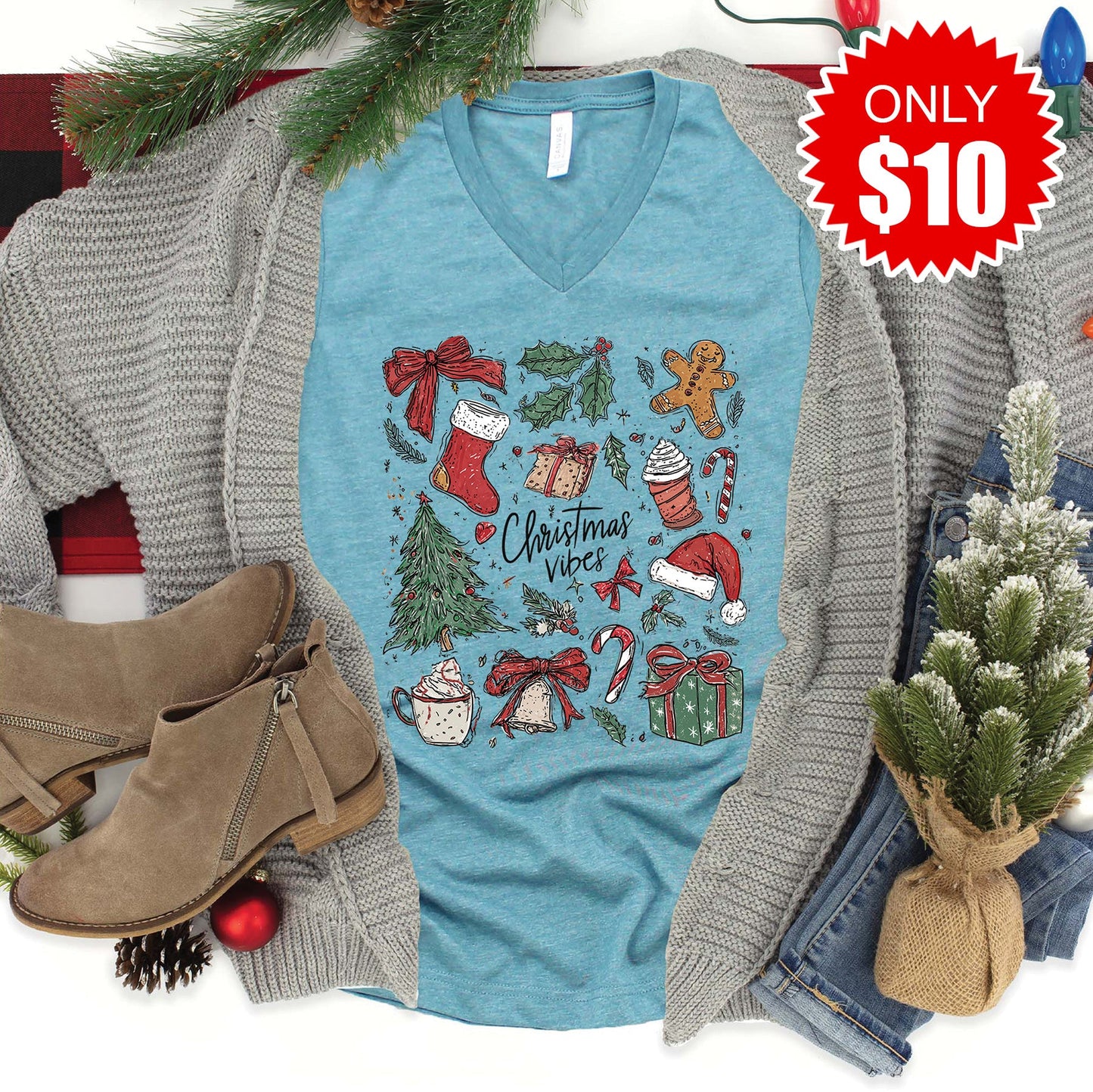 Christmas Vibes Retro V-Neck - Heather Lagoon - 10