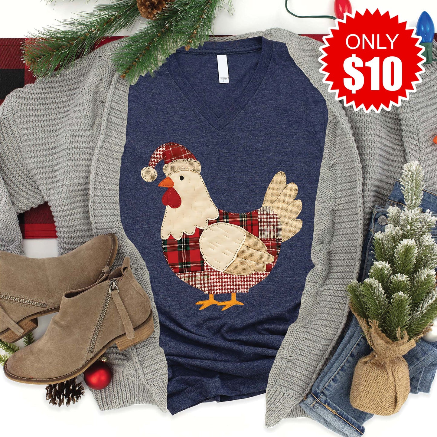 Christmas Patch Chicken V-Neck - Heather Navy - 10