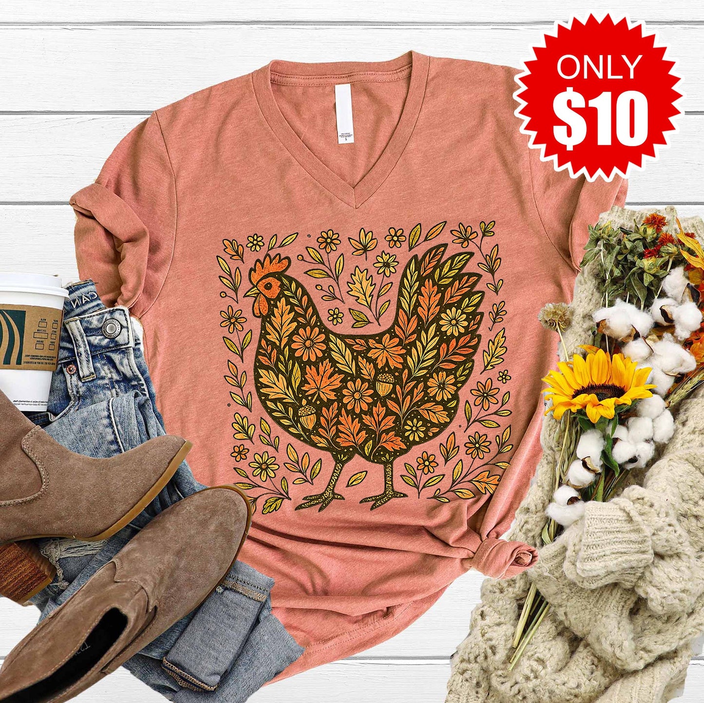 Floral Chicken V-Neck - 10