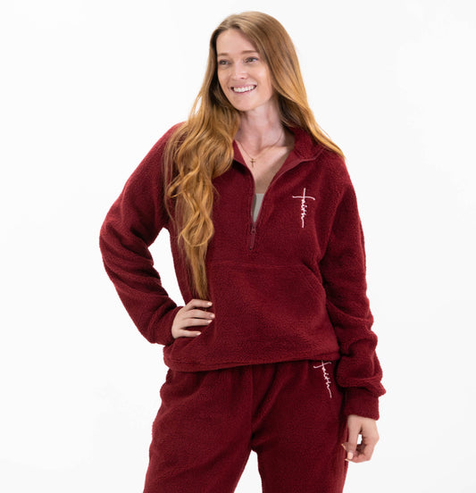 Crimson Faith Cross Cozy Sherpa Fleece Half Zip Pullover & Sweatpants Bundle