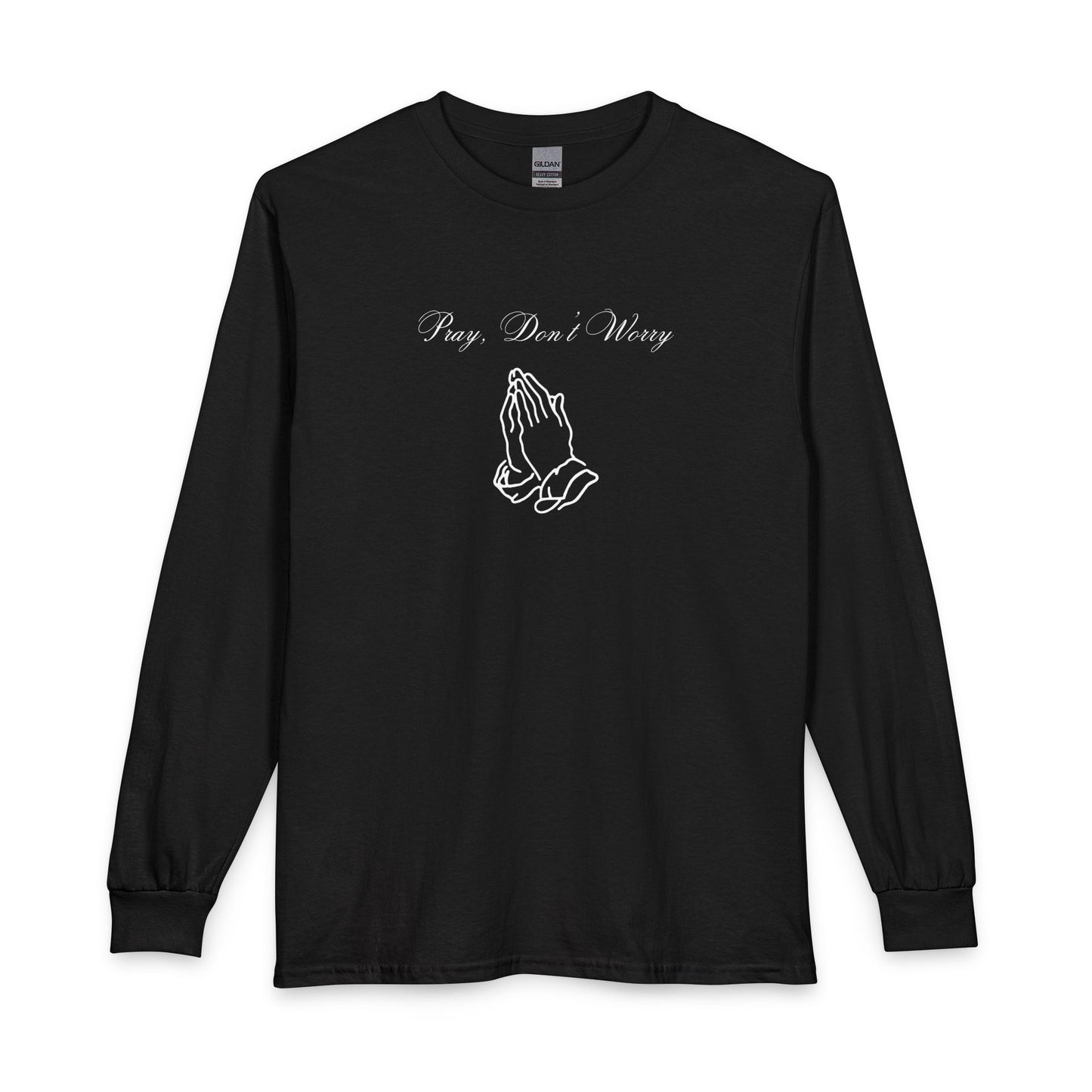 Pray Dont Worry Long Sleeve Tee — Praying Hands Faith Shirt with Scripture Back