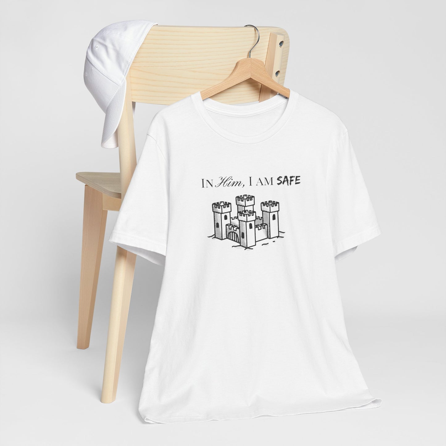 Castle Illustration Tee — "In Him, I Am Safe" Christian Scripture T‑Shirt