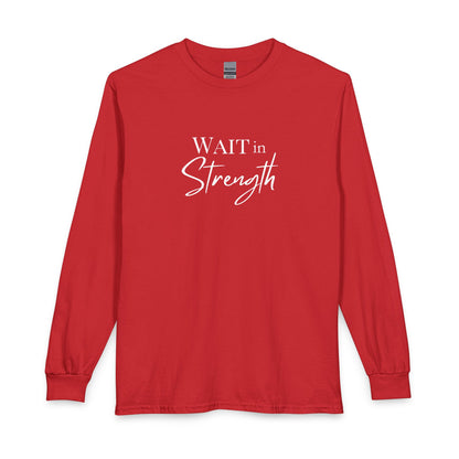 Wait in Strength Long Sleeve Tee — Christian Scripture Psalms 27:14 Faith Shirt