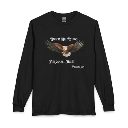Psalm 91:4 Eagle Wings Long Sleeve Tee — "Under His Wings You Shall Trust"