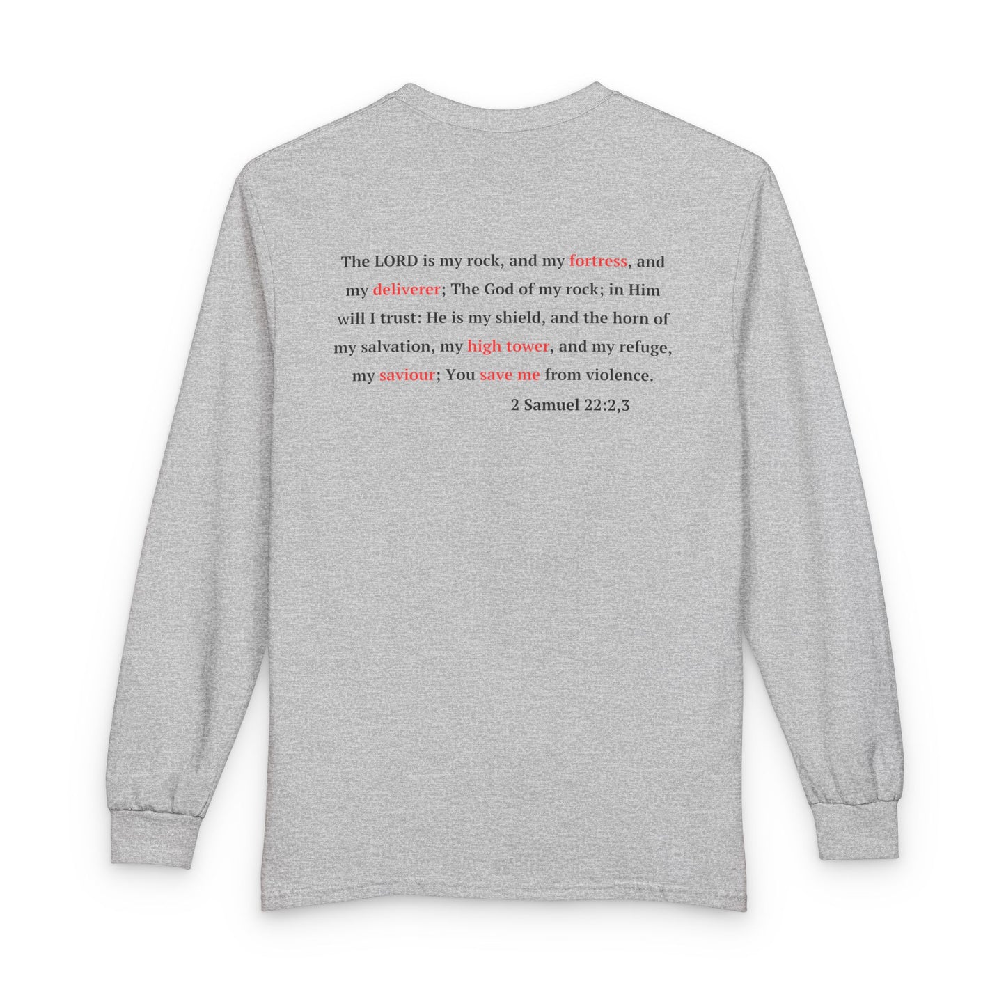 Long Sleeve Tee "In Him, I Am Safe" — Christian Castle Design (1 Samuel 22:2-3)