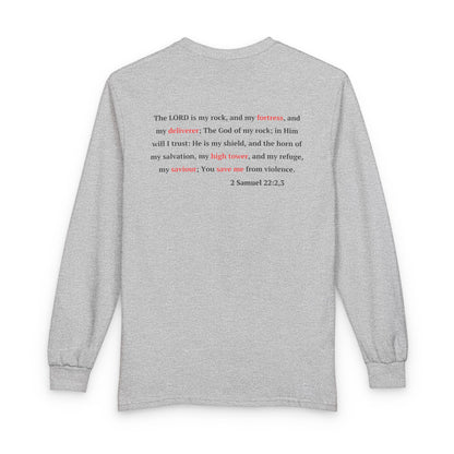 Long Sleeve Tee "In Him, I Am Safe" — Christian Castle Design (1 Samuel 22:2-3)