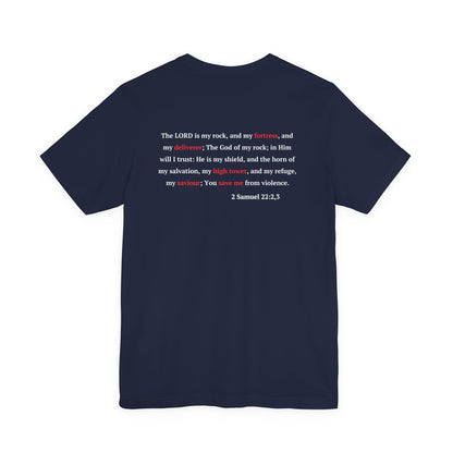 Castle Illustration Tee — "In Him, I Am Safe" Christian Scripture T‑Shirt