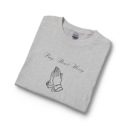 Pray Dont Worry Long Sleeve Tee — Praying Hands Faith Shirt with Scripture Back