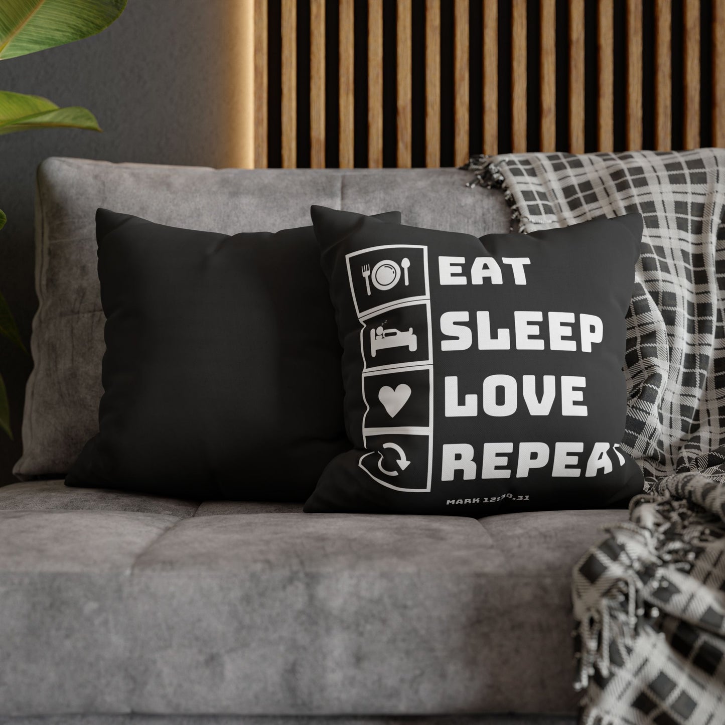 Eat Sleep Love Repeat Pillowcase — Black Square Throw Pillow Cover