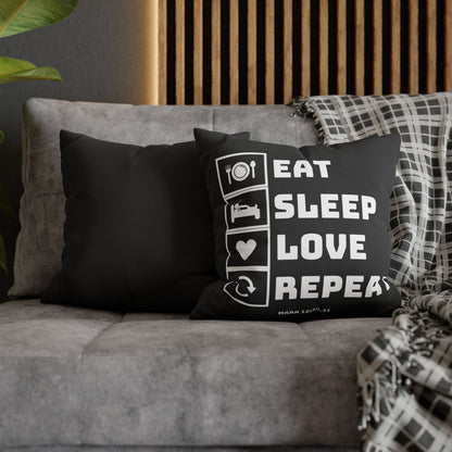 Eat Sleep Love Repeat Pillowcase — Black Square Throw Pillow Cover