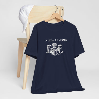 Castle Illustration Tee — "In Him, I Am Safe" Christian Scripture T‑Shirt