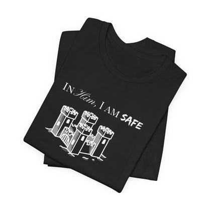 Castle Illustration Tee — "In Him, I Am Safe" Christian Scripture T‑Shirt