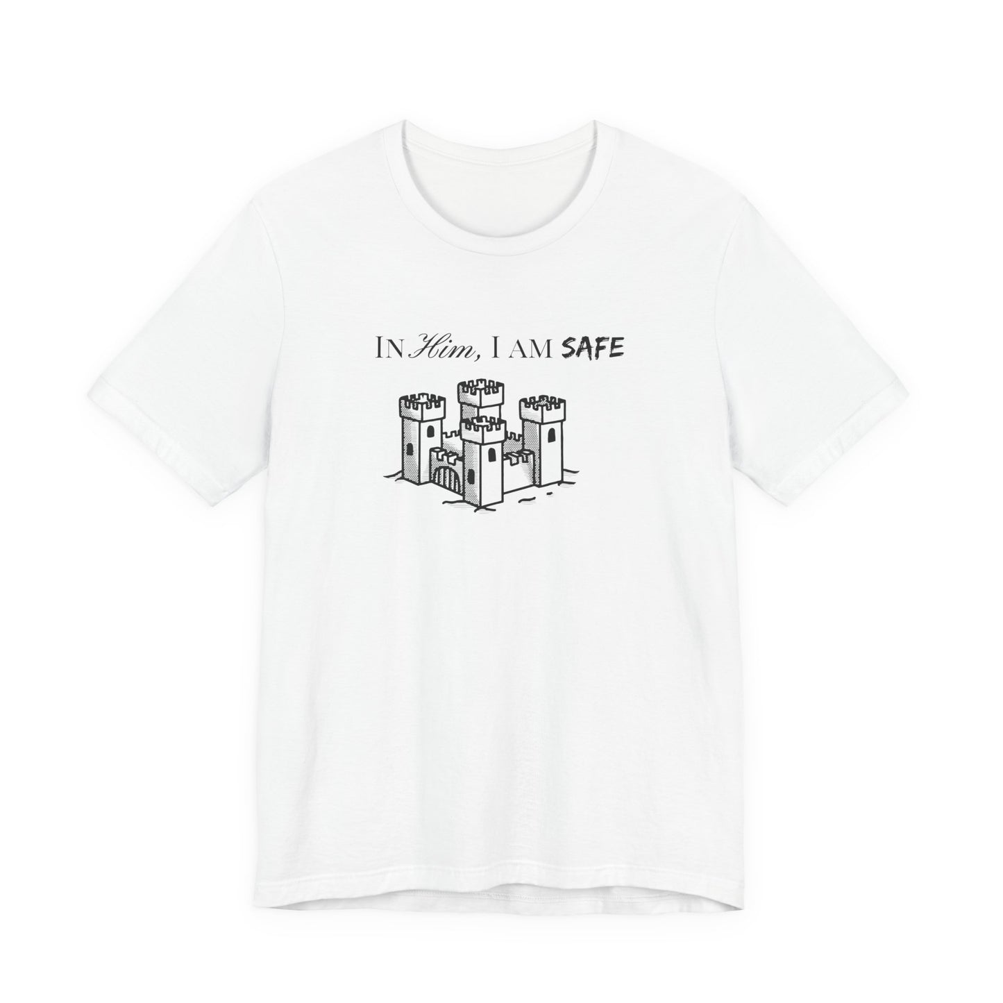Castle Illustration Tee — "In Him, I Am Safe" Christian Scripture T‑Shirt