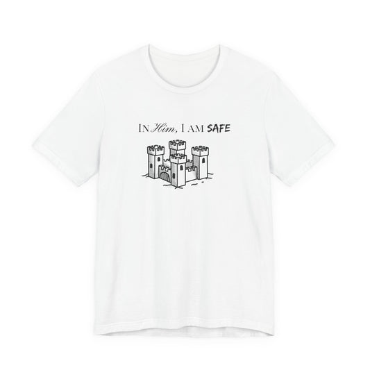 Castle Illustration Tee — "In Him, I Am Safe" Christian Scripture T‑Shirt