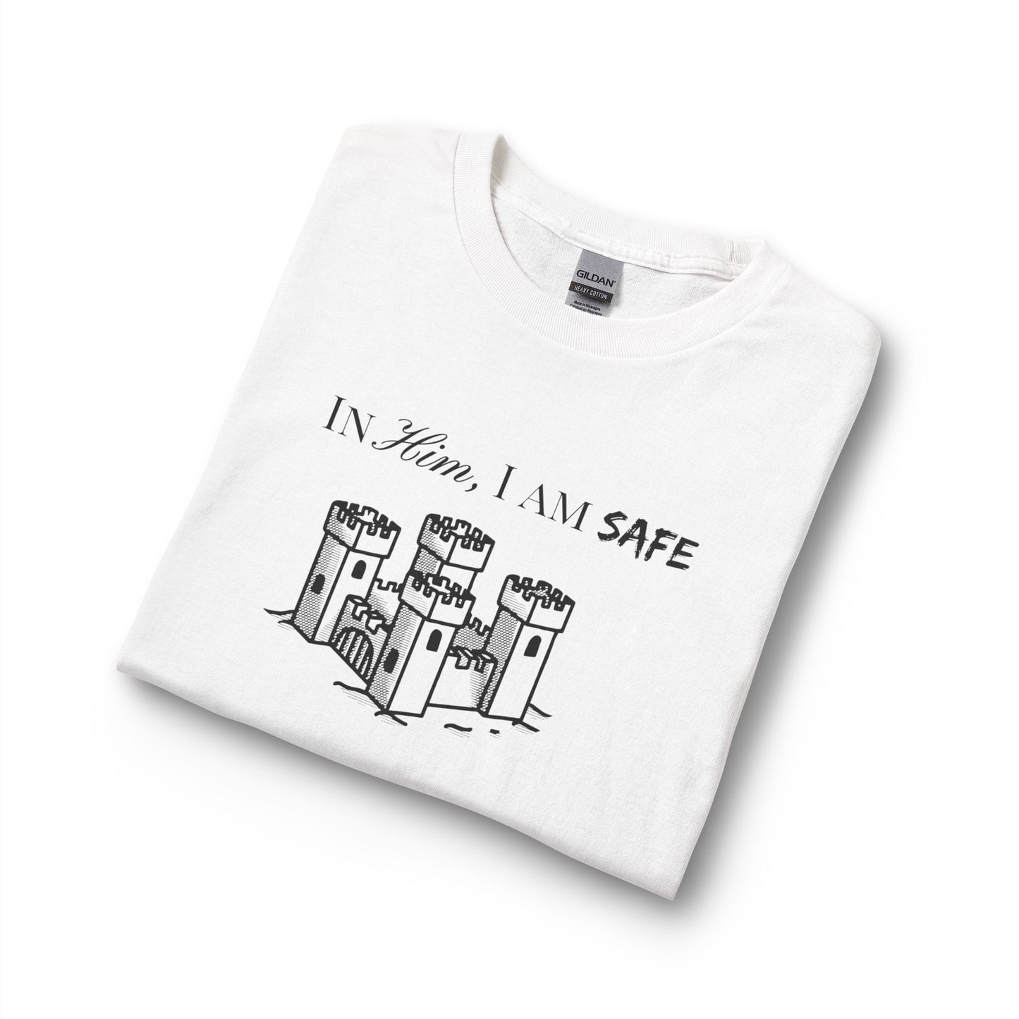 Long Sleeve Tee "In Him, I Am Safe" — Christian Castle Design (1 Samuel 22:2-3)
